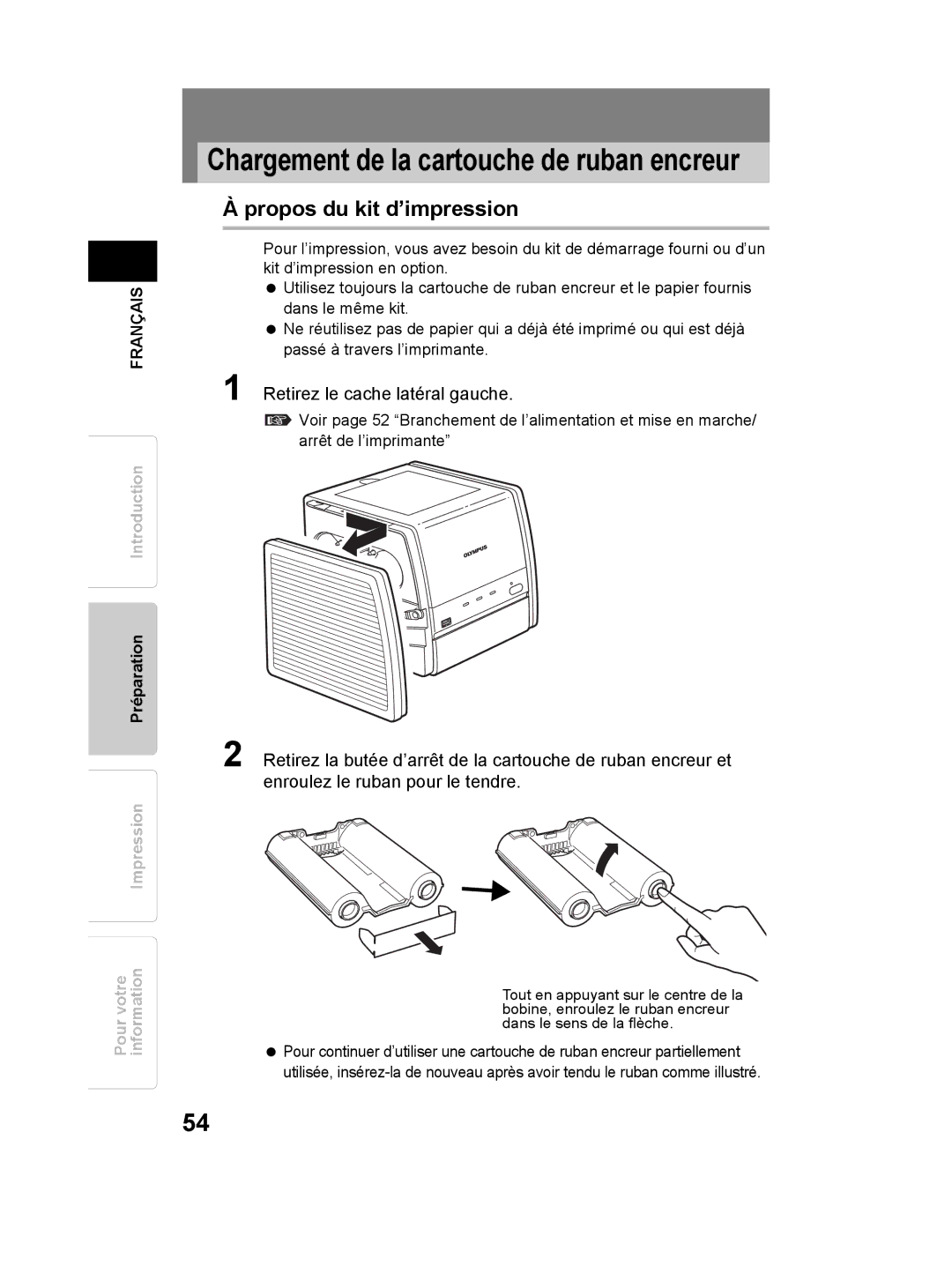 Olympus P-11 instruction manual Propos du kit d’impression, Retirez le cache latéral gauche 