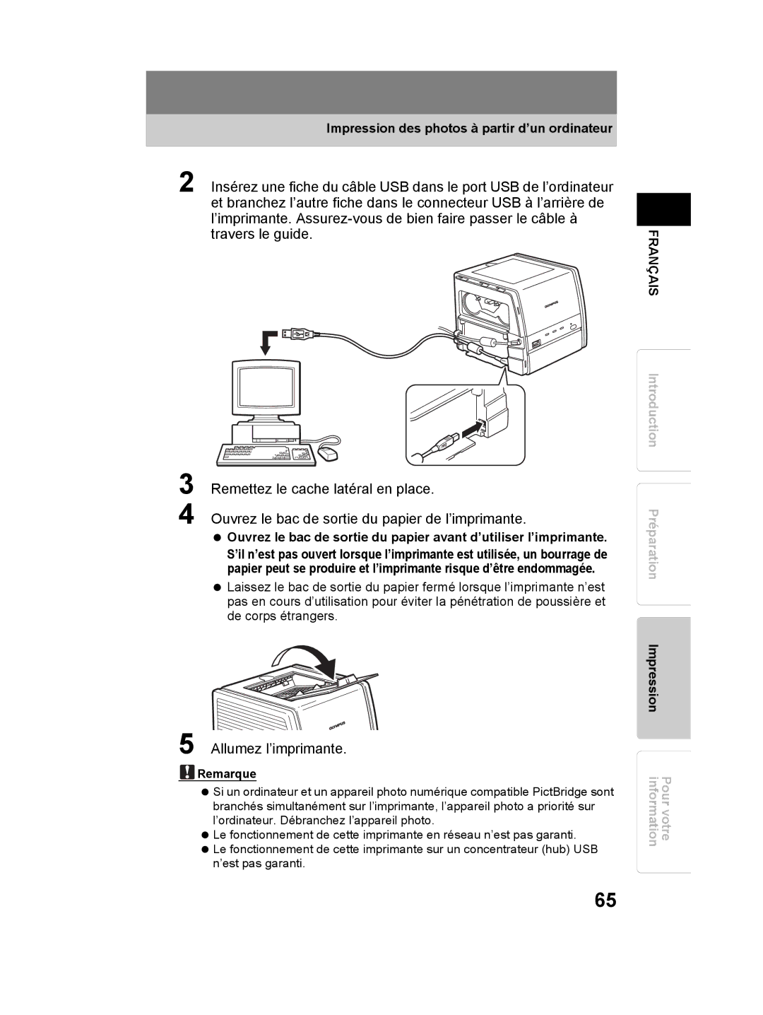 Olympus P-11 instruction manual Allumez l’imprimante, Impression des photos à partir d’un ordinateur 