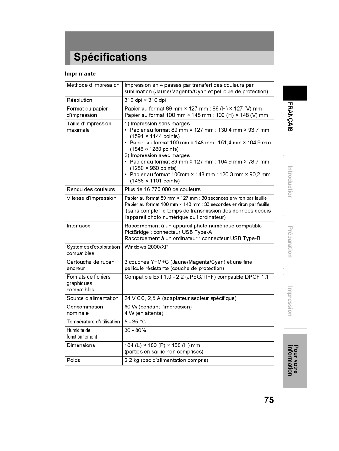 Olympus P-11 instruction manual Spécifications, Imprimante 