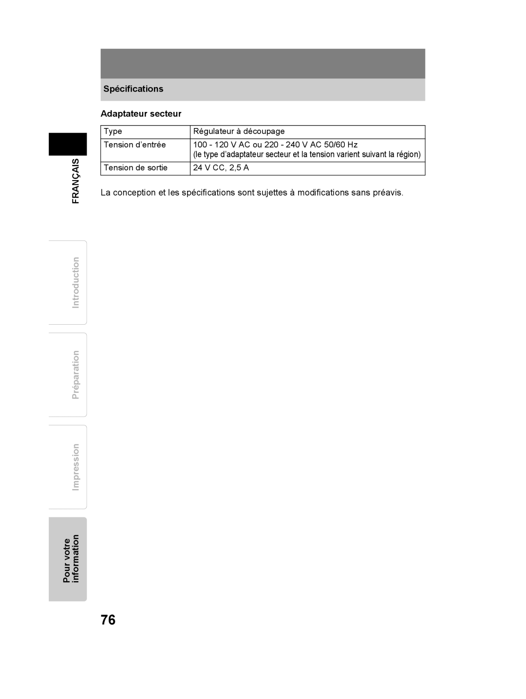 Olympus P-11 instruction manual Spécifications Adaptateur secteur 