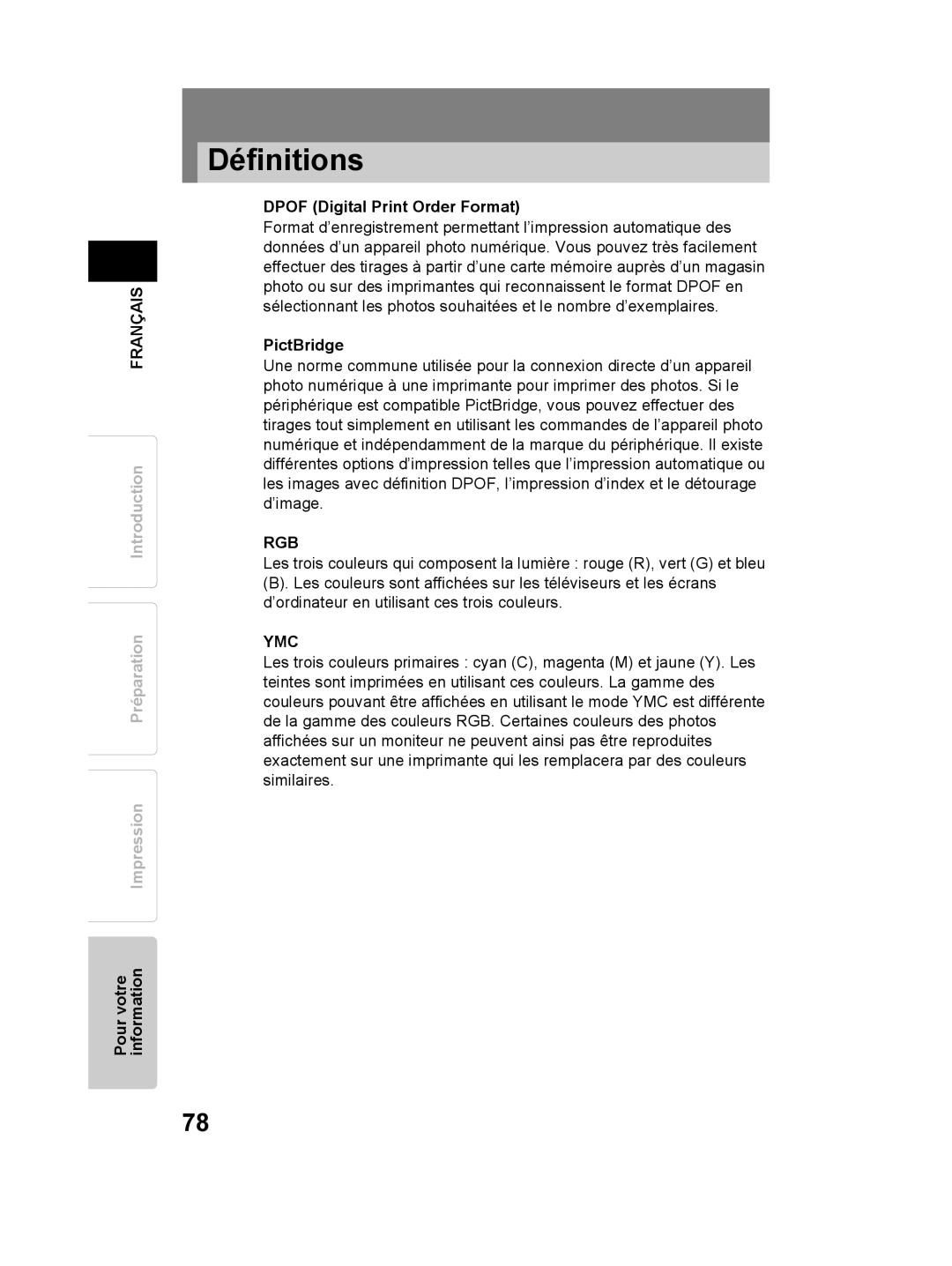 Olympus P-11 instruction manual Définitions, Dpof Digital Print Order Format 