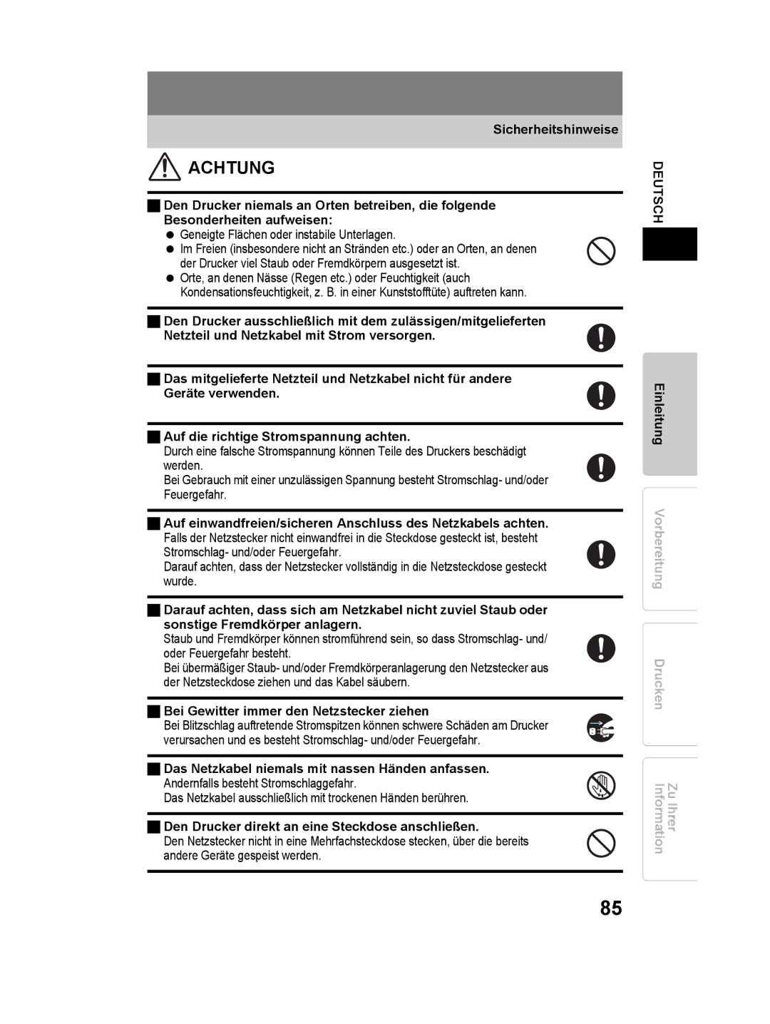 Olympus P-11 instruction manual Geneigte Flächen oder instabile Unterlagen, Bei Gewitter immer den Netzstecker ziehen 