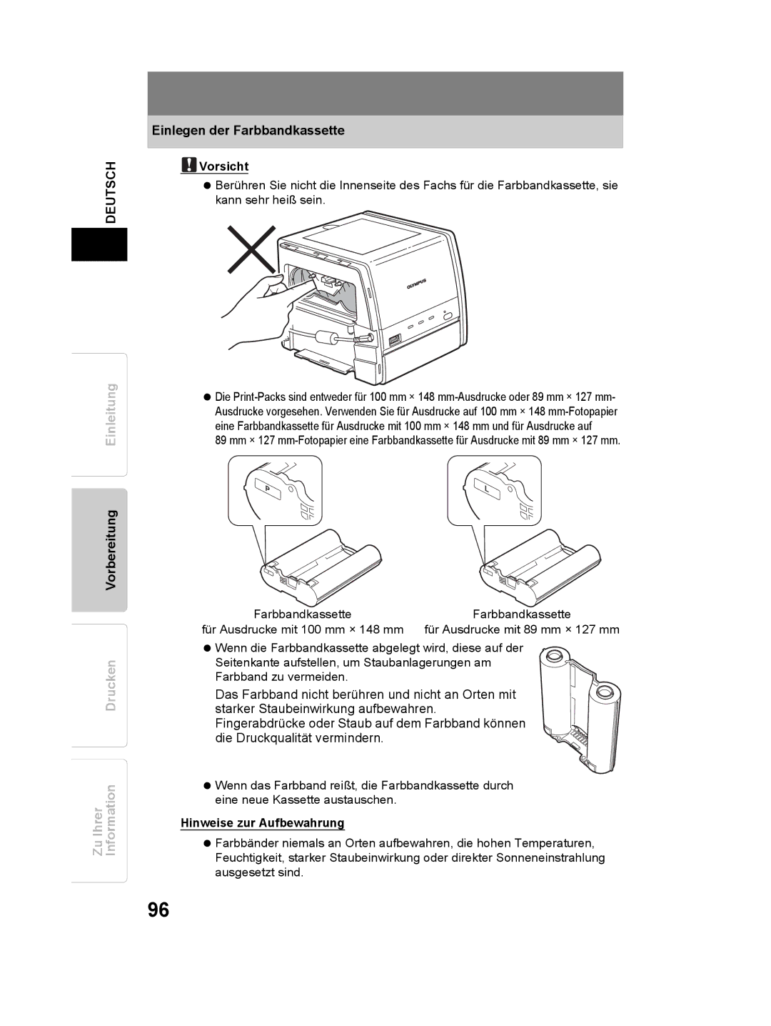 Olympus P-11 instruction manual Vorsicht, Hinweise zur Aufbewahrung 