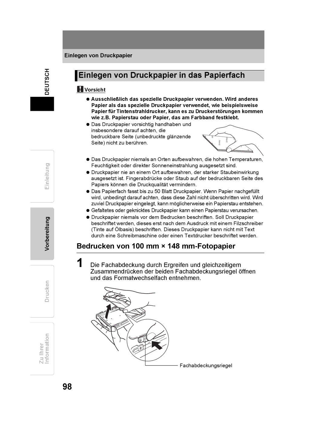 Olympus P-11 instruction manual Einlegen von Druckpapier in das Papierfach, Bedrucken von 100 mm × 148 mm-Fotopapier 