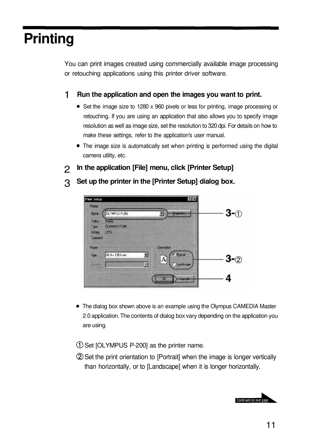 Olympus P-200 manual Printing, Run the application and open the images you want to print 