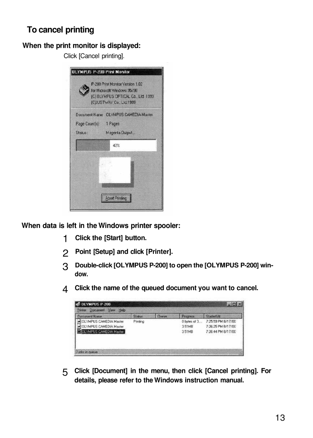 Olympus P-200 manual To cancel printing, When the print monitor is displayed 