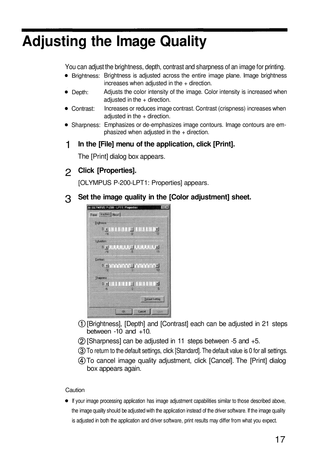 Olympus P-200 manual Adjusting the Image Quality, Set the image quality in the Color adjustment sheet 