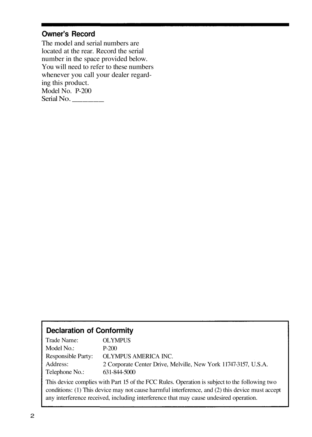 Olympus P-200 manual Owners Record 