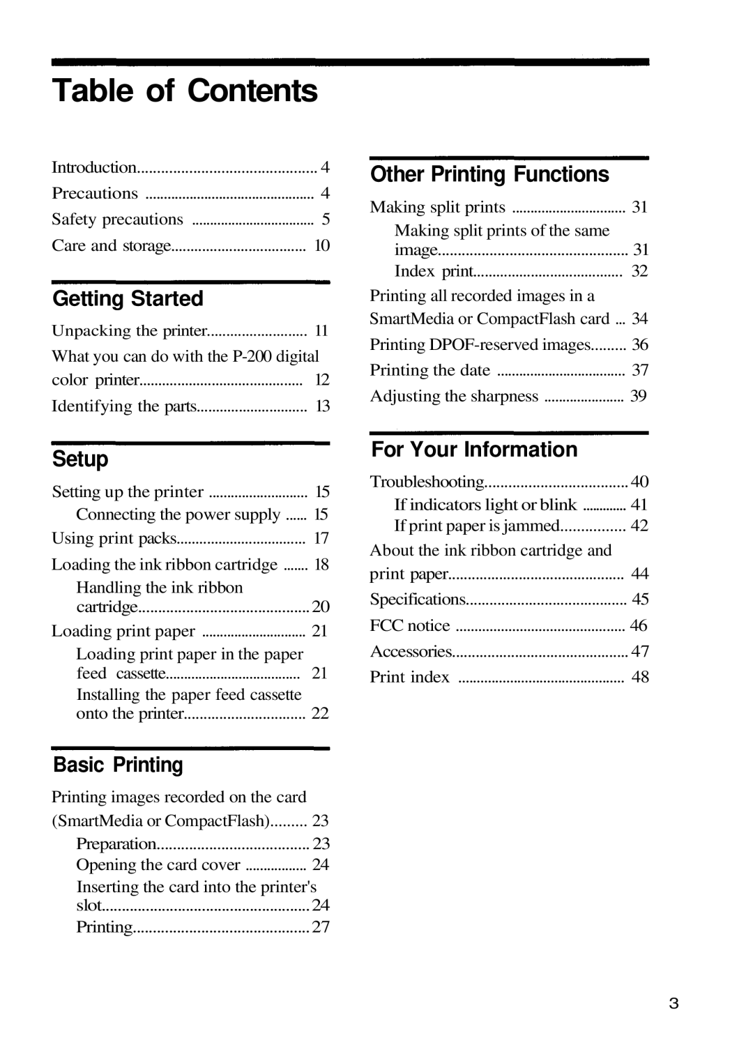 Olympus P-200 manual Table of Contents 