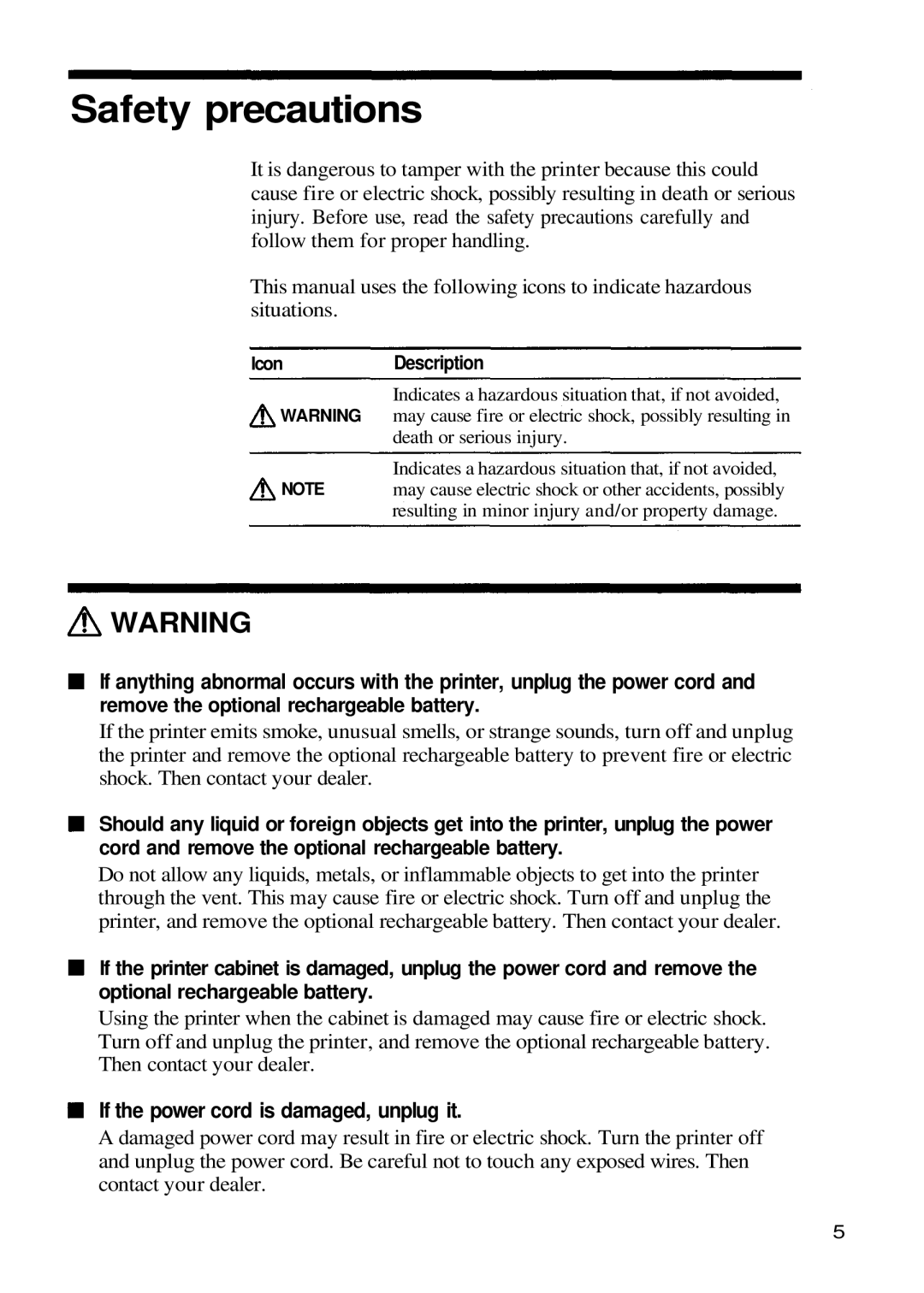 Olympus P-200 manual Safety precautions, If the power cord is damaged, unplug it 