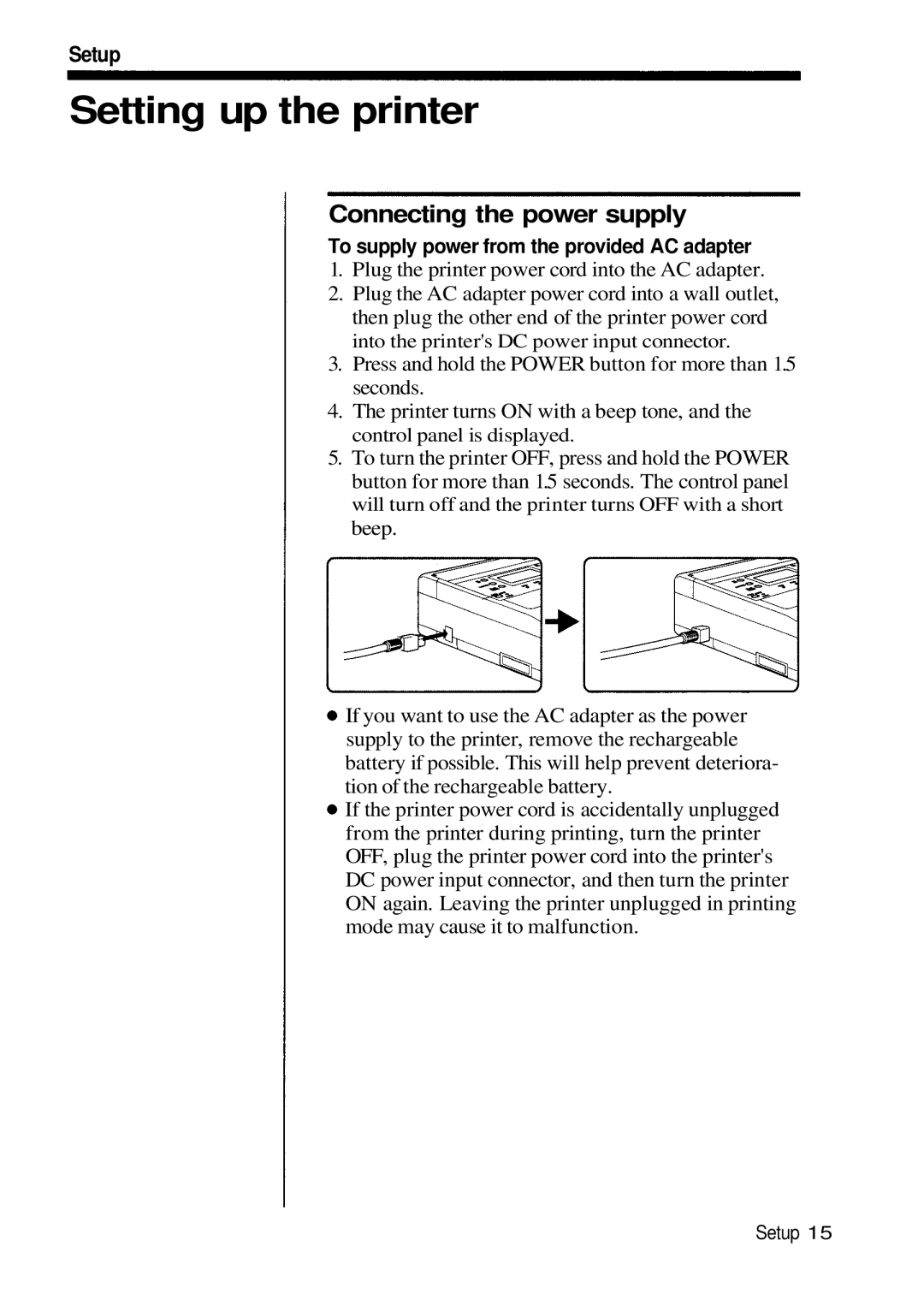 Olympus P-200 manual Setting up the printer, Setup, To supply power from the provided AC adapter 