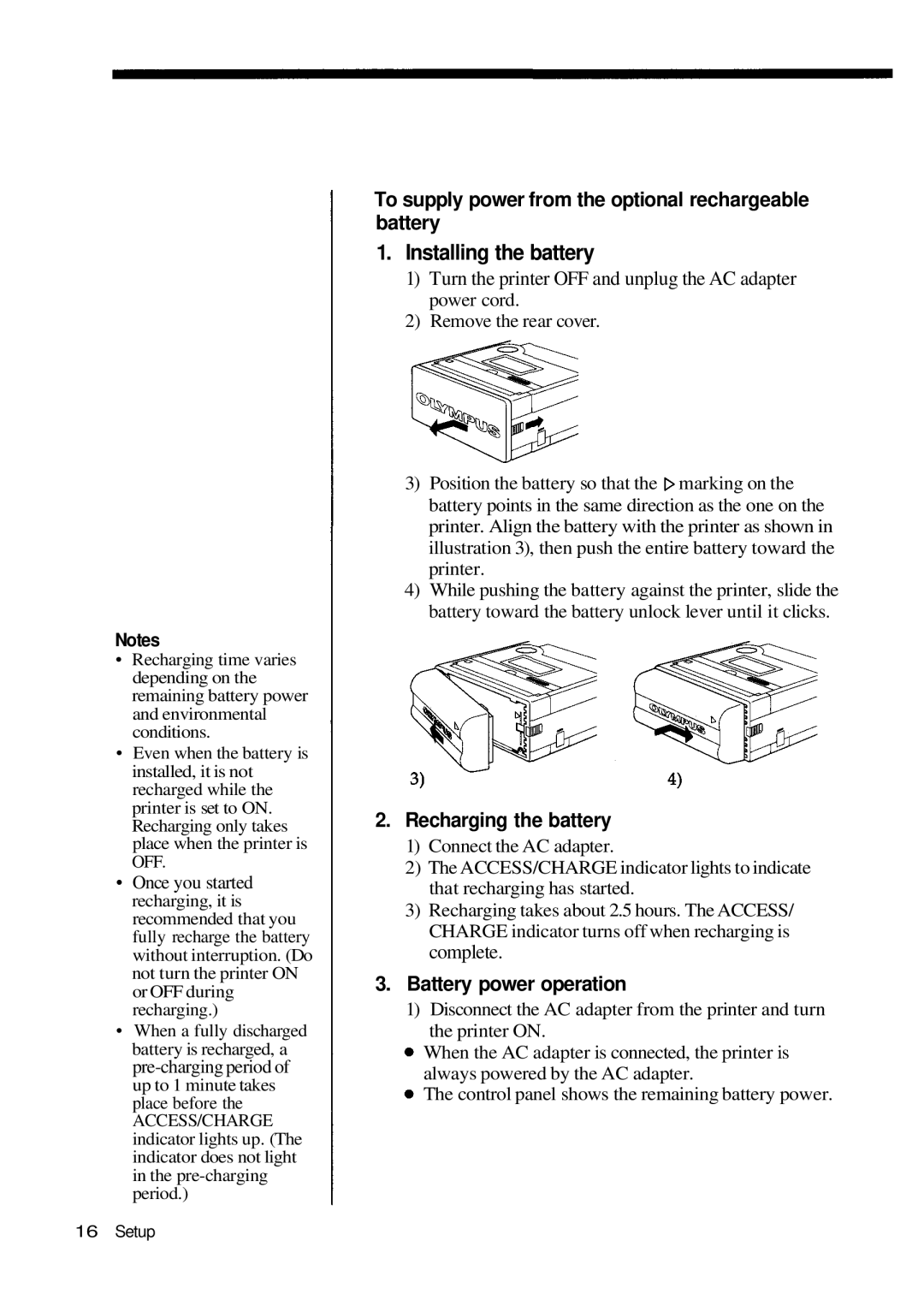 Olympus P-200 manual Recharging the battery, Battery power operation 