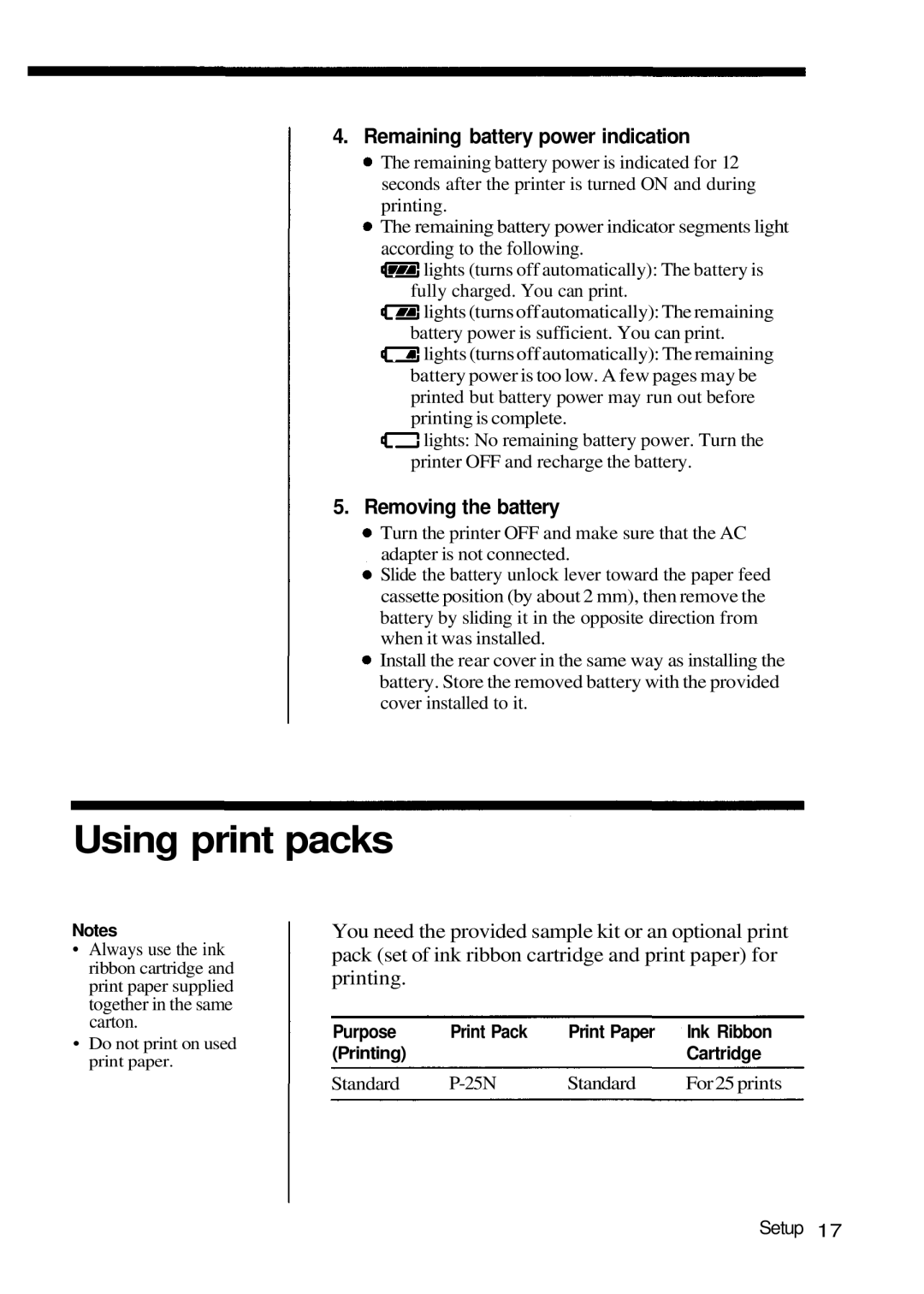 Olympus P-200 manual Using print packs, Remaining battery power indication, Removing the battery 