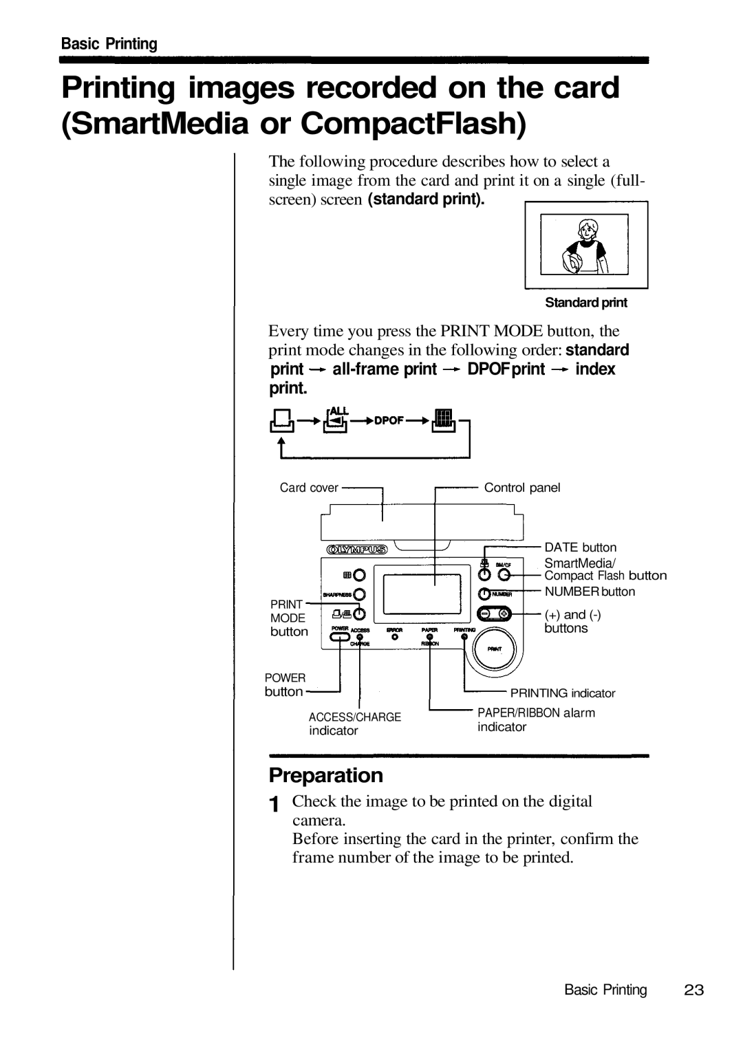 Olympus P-200 manual Preparation, Basic Printing, Print all-frame print DPOFprint index print 