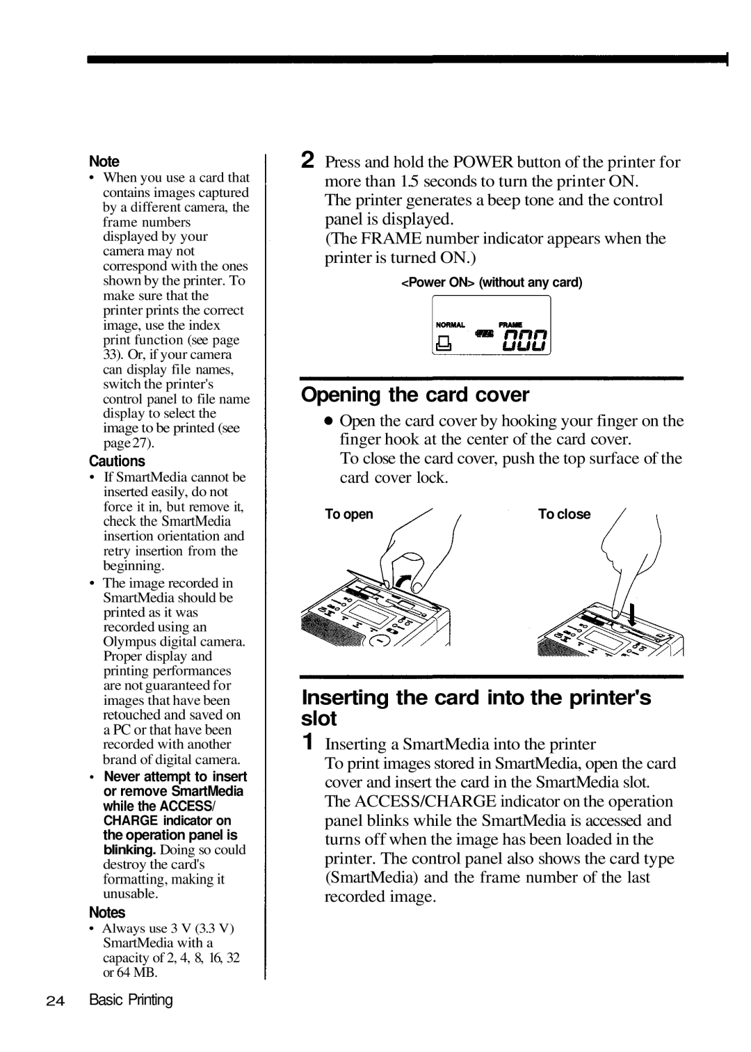 Olympus P-200 manual Opening the card cover, Inserting the card into the printers slot 