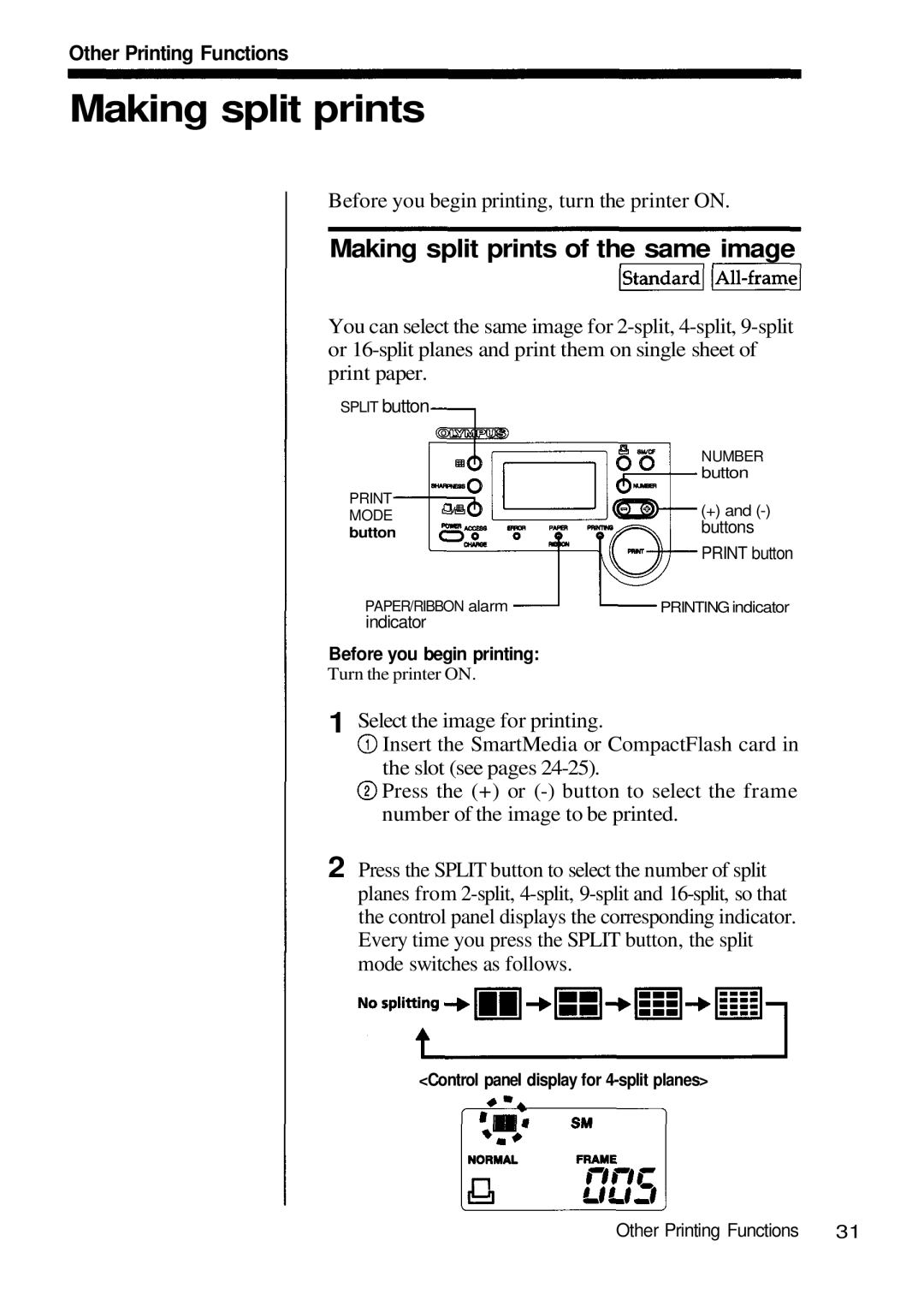 Olympus P-200 manual Making split prints of the same image, Other Printing Functions 