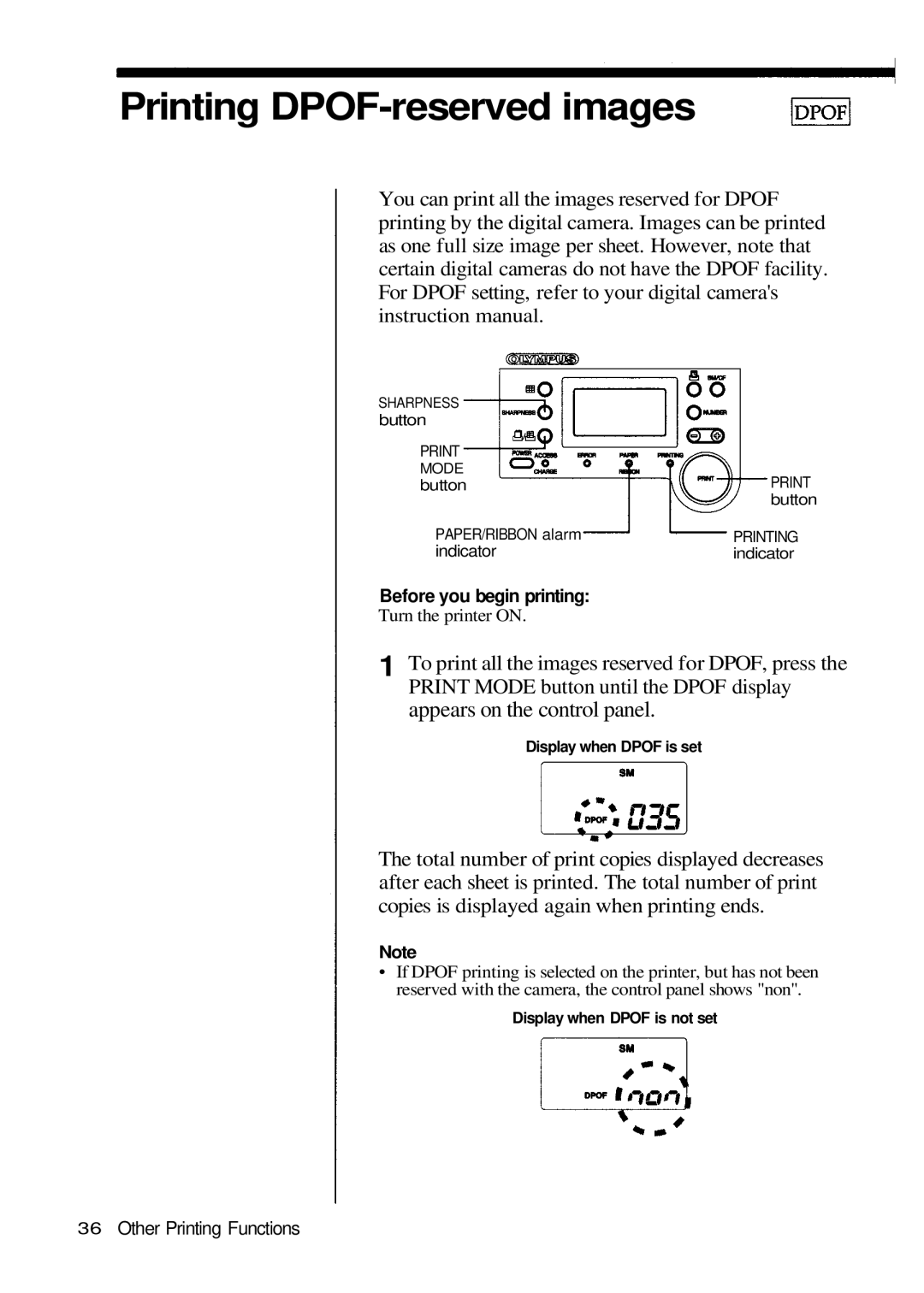 Olympus P-200 manual Printing DPOF-reserved images, Appears on the control panel 