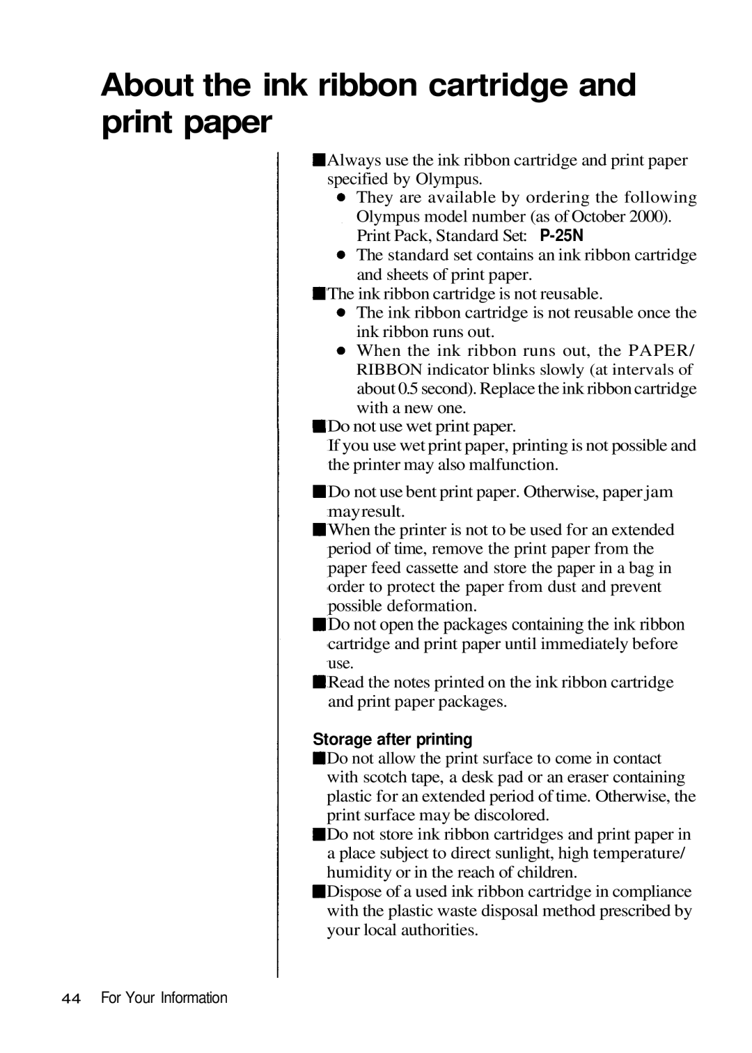 Olympus P-200 manual About the ink ribbon cartridge and print paper, Storage after printing 