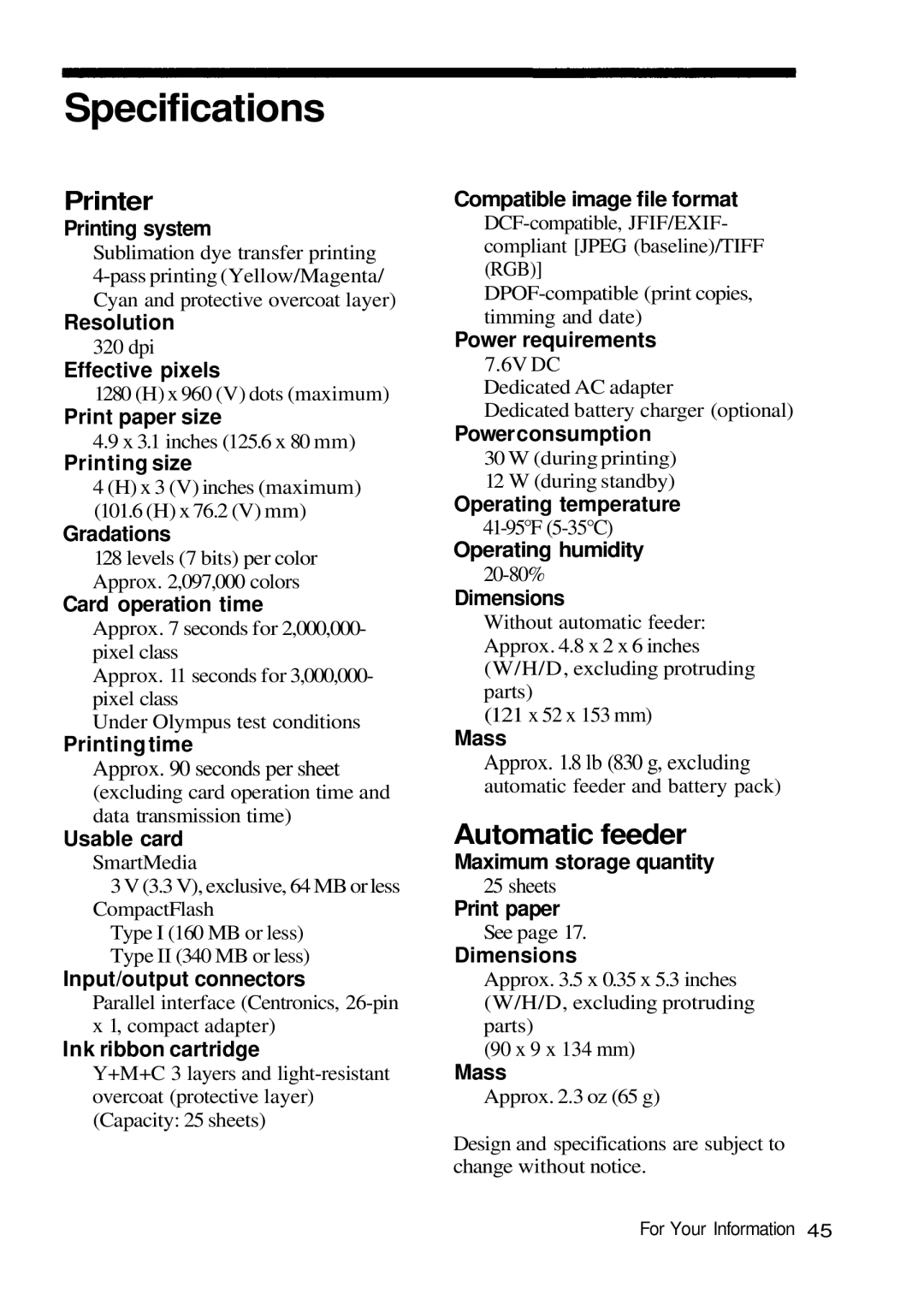 Olympus P-200 manual Specifications, Printer 