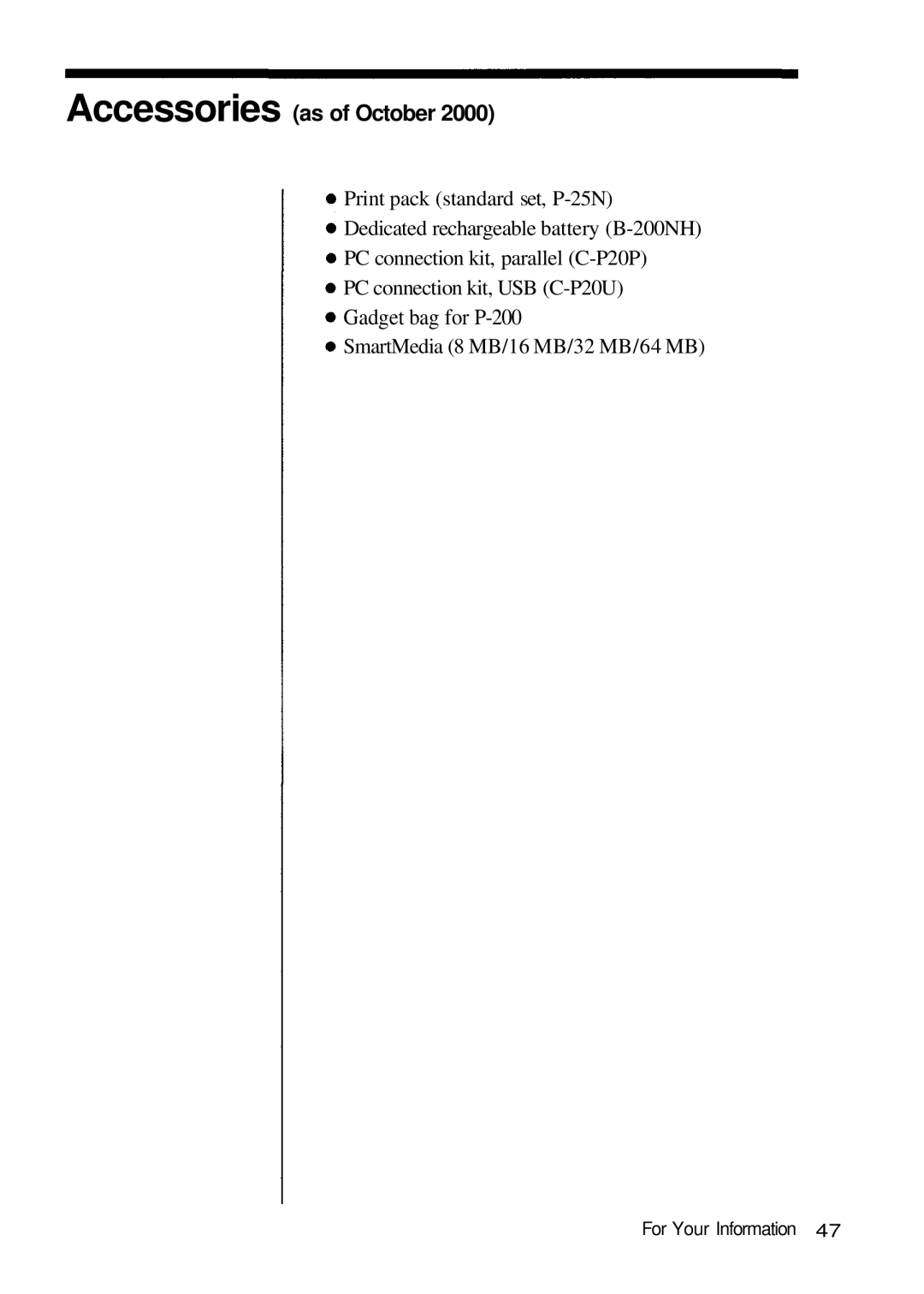 Olympus P-200 manual Accessories as of October 