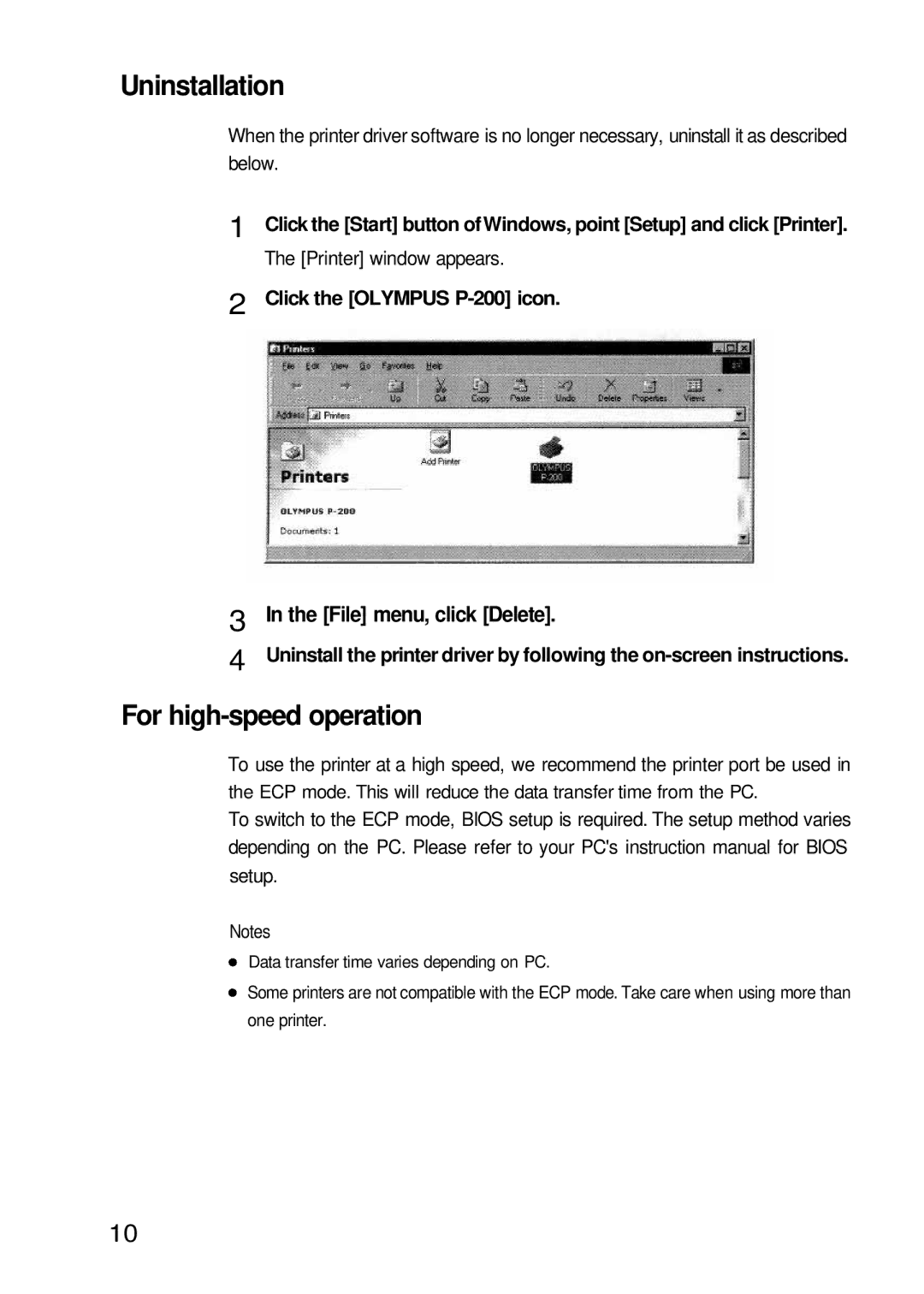 Olympus P-200 manual Uninstallation, File menu, click Delete 