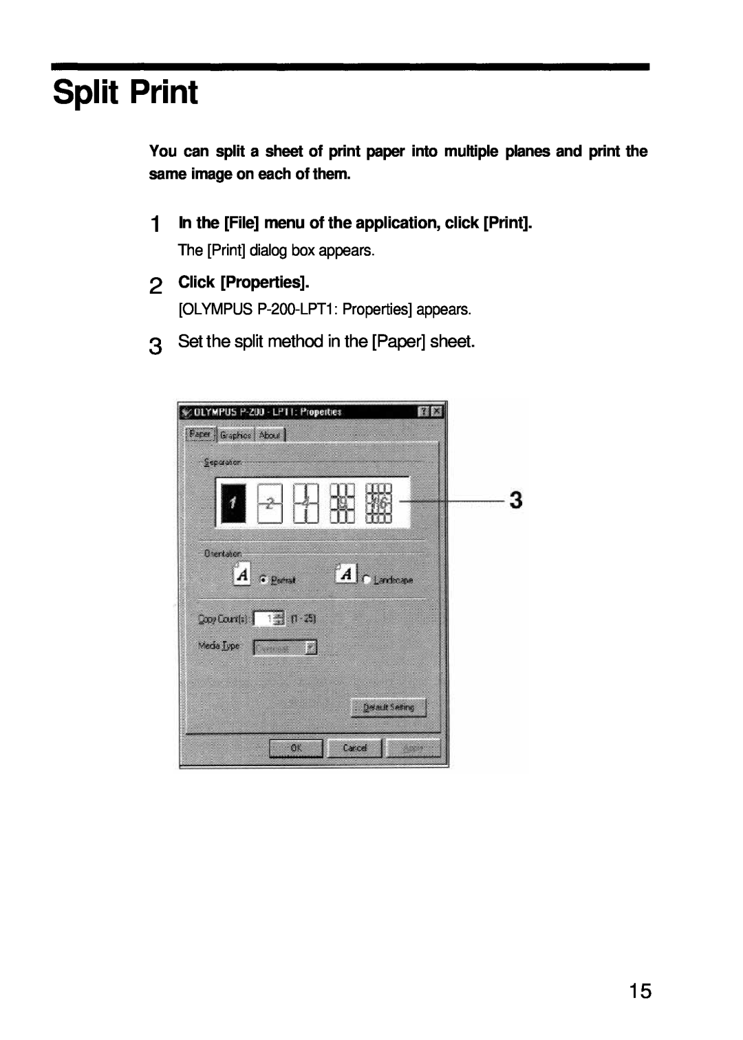 Olympus P-200 Split Print, In the File menu of the application, click Print, Click Properties, same image on each of them 
