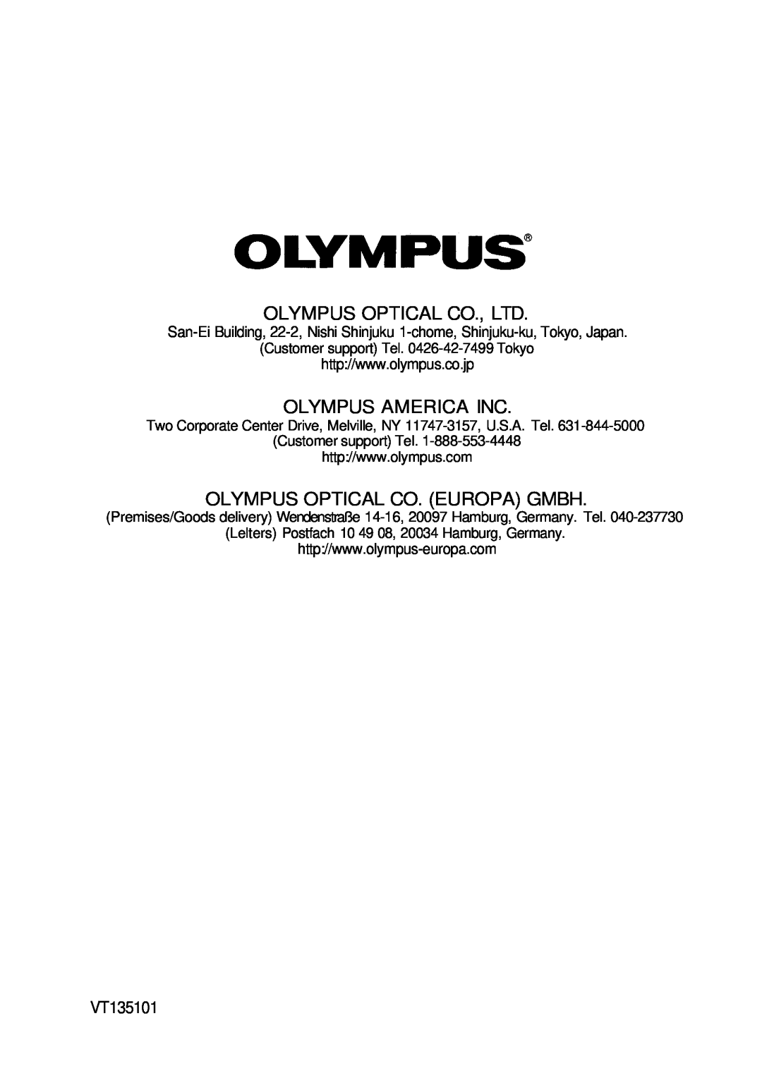 Olympus P-200 manual Olympus America Inc, Olympus Optical Co. Europa Gmbh, VT135101 