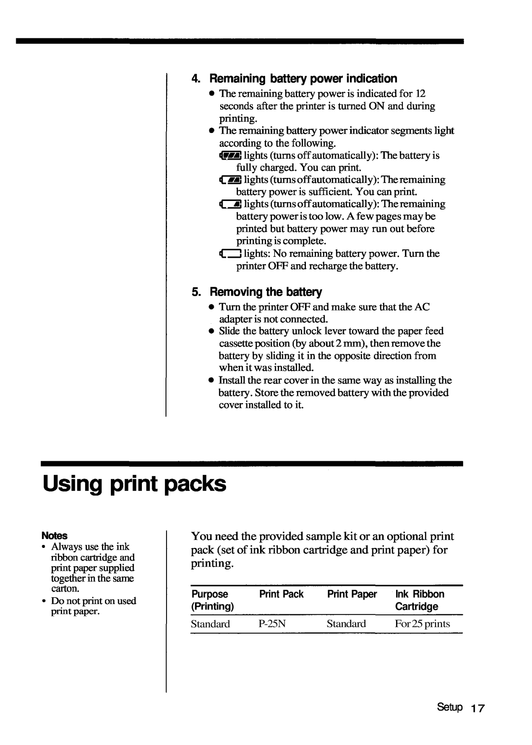 Olympus P-200 Using print packs, Remaining battery power indication, Removing the battery, Standard, P-25N, For25prints 