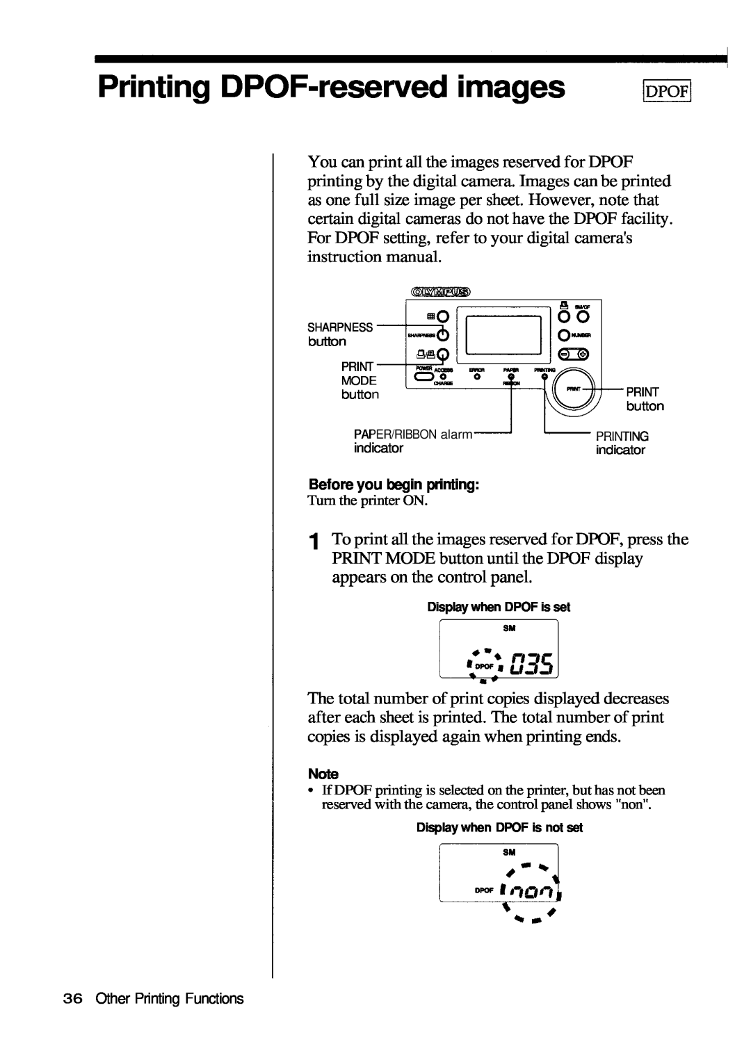 Olympus P-200 manual Printing DPOF-reserved images, appears on the control panel 