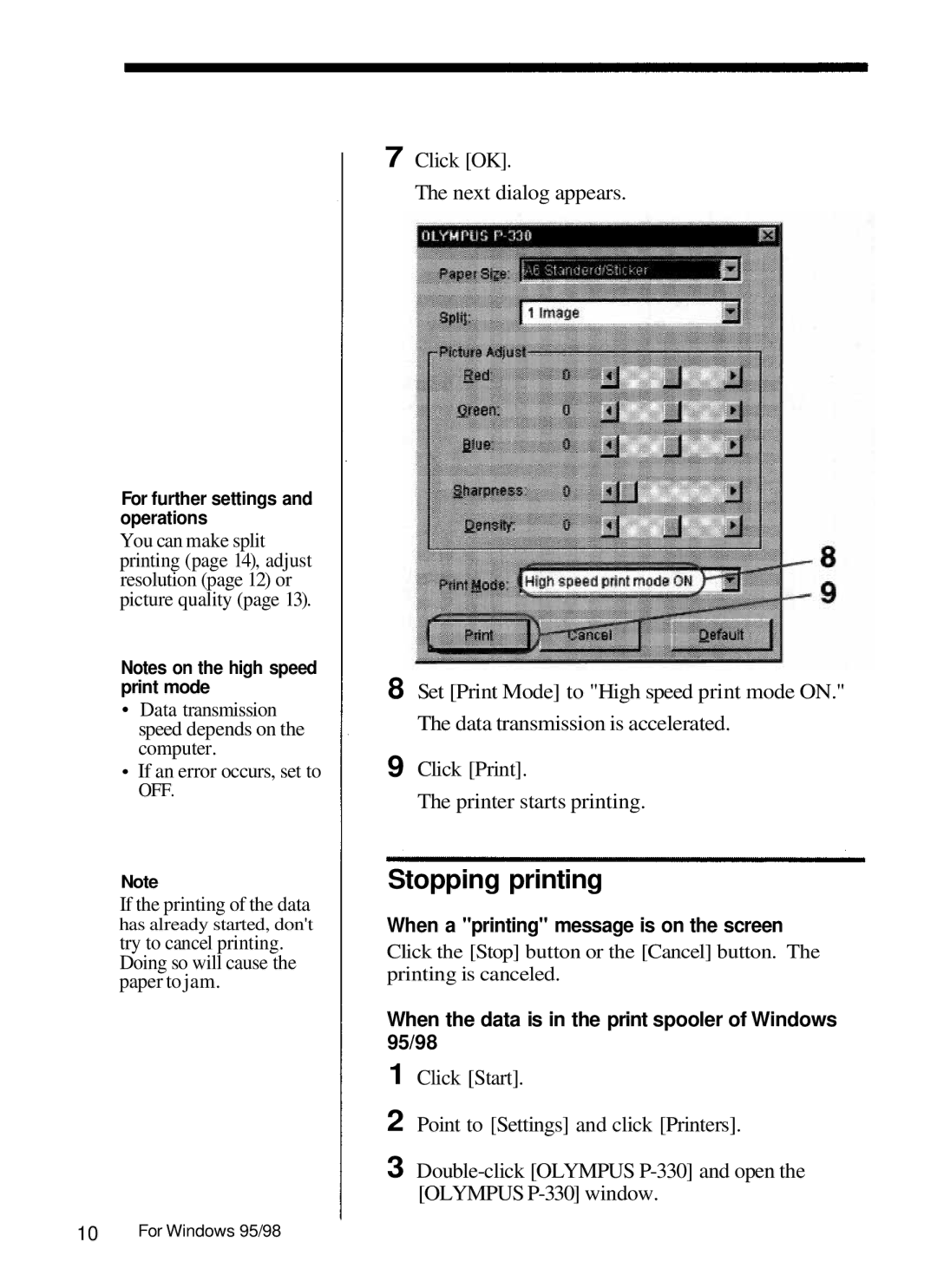 Olympus 330N, P-330 manual When a printing message is on the screen, When the data is in the print spooler of Windows 95/98 