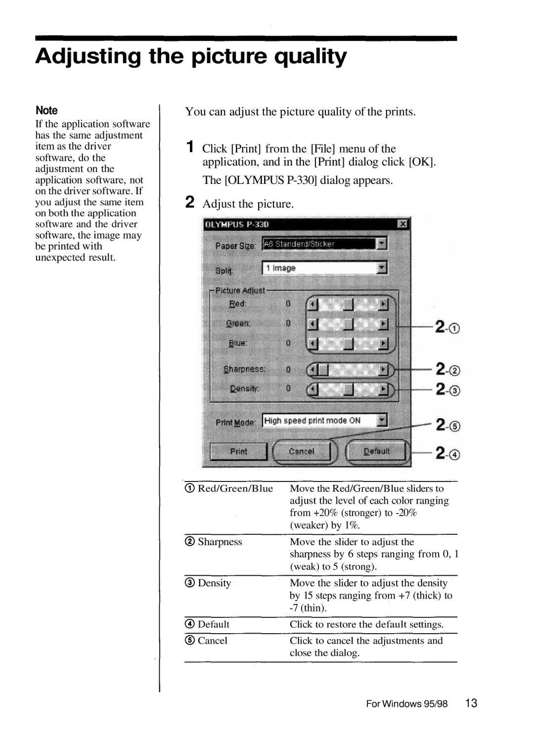 Olympus P-330N manual Adjusting the picture quality 