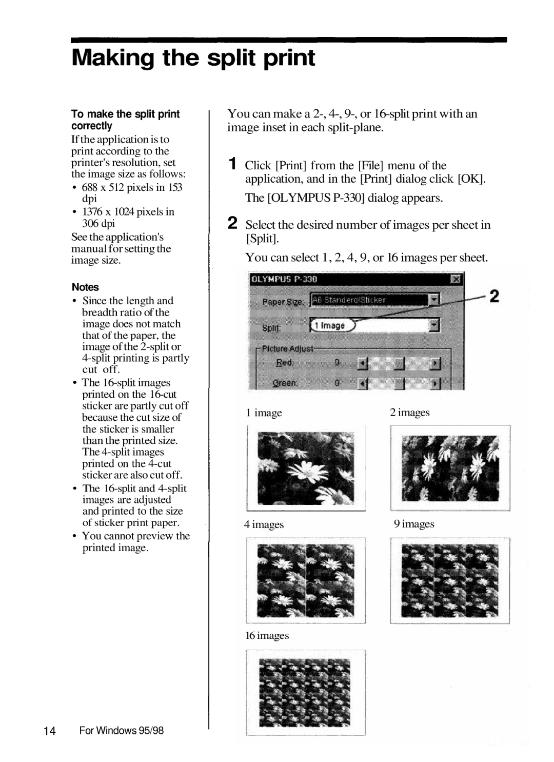 Olympus P-330N manual Making the split print 