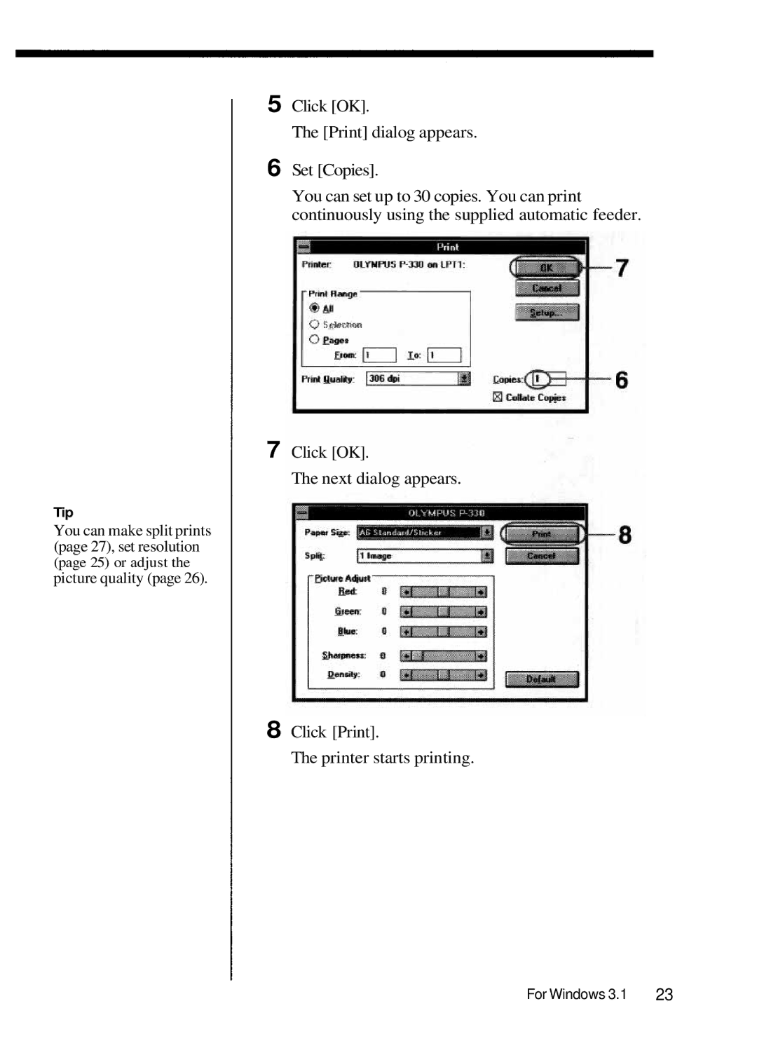 Olympus P-330N manual You can make split prints page 27, set resolution 