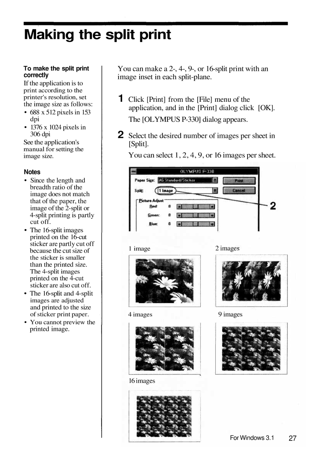 Olympus P-330N manual Making the split print 