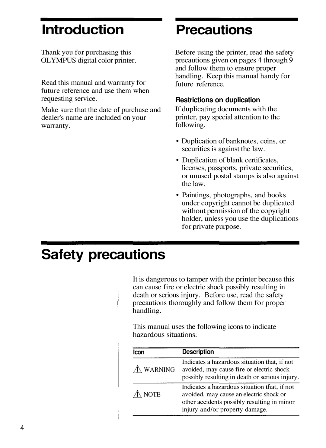 Olympus P-330N manual Safety precautions, Restrictions on duplication 