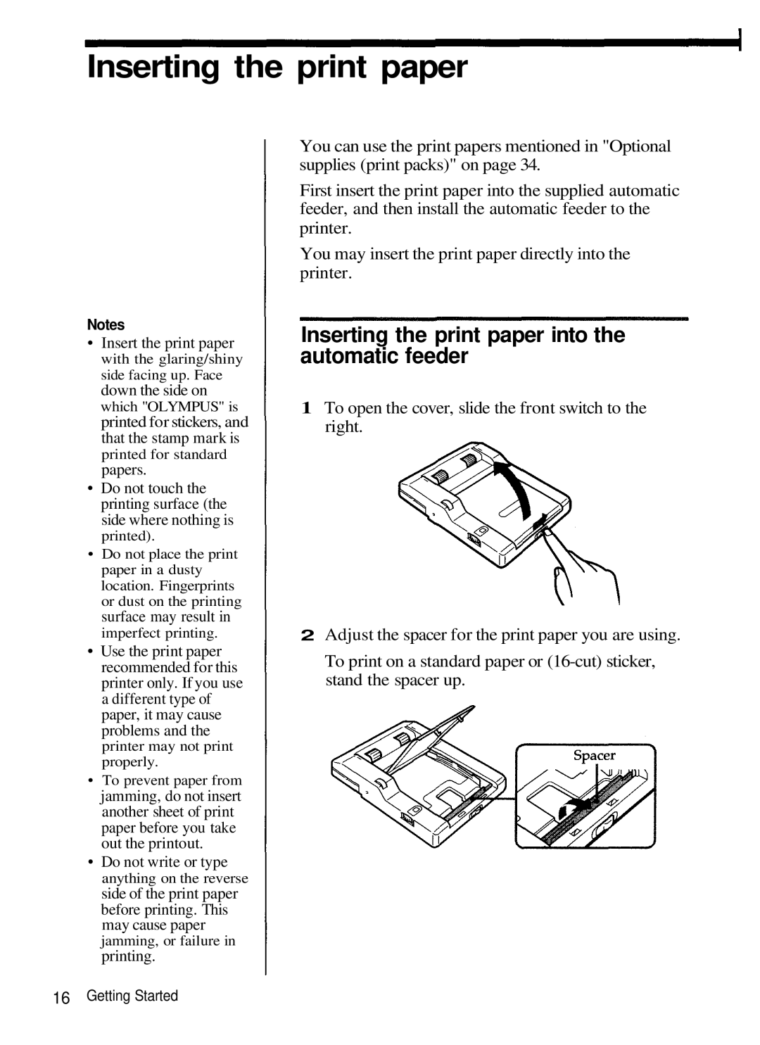 Olympus P-330N manual Inserting the print paper, Automatic feeder 