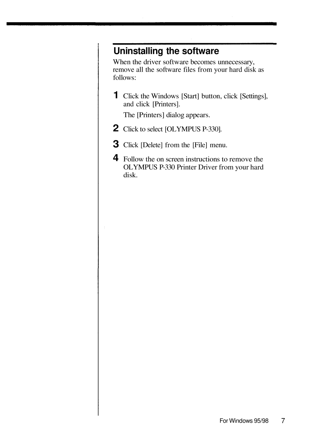 Olympus P-330N manual Uninstalling the software 