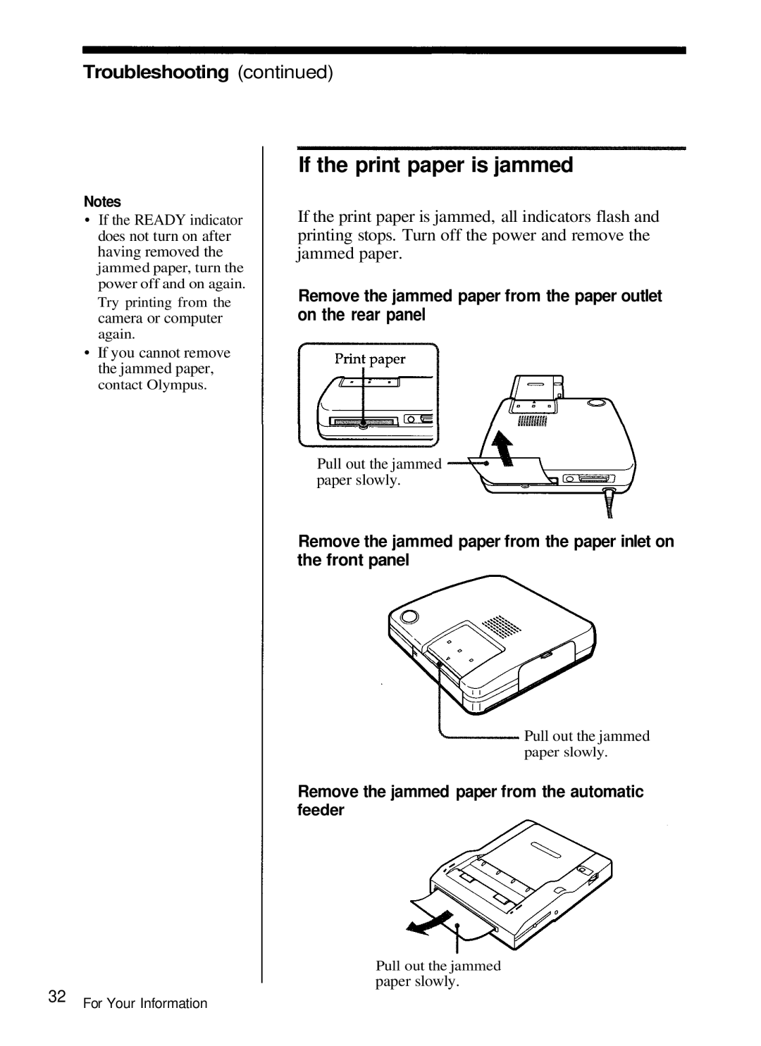 Olympus P-330N manual If the print paper is jammed, Remove the jammed paper from the automatic 