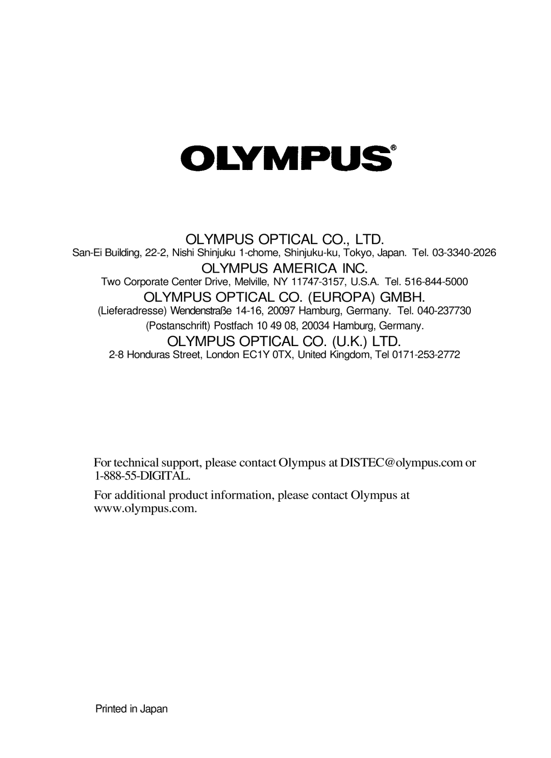 Olympus P-330N manual Olympus America INC 