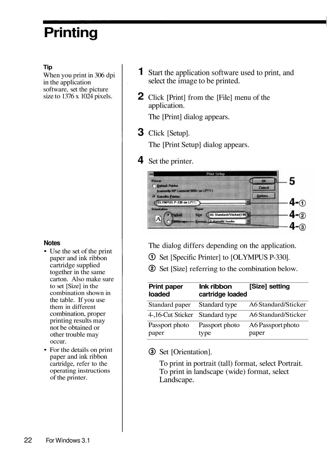 Olympus P-330 manual Set Size referring to the combination below 