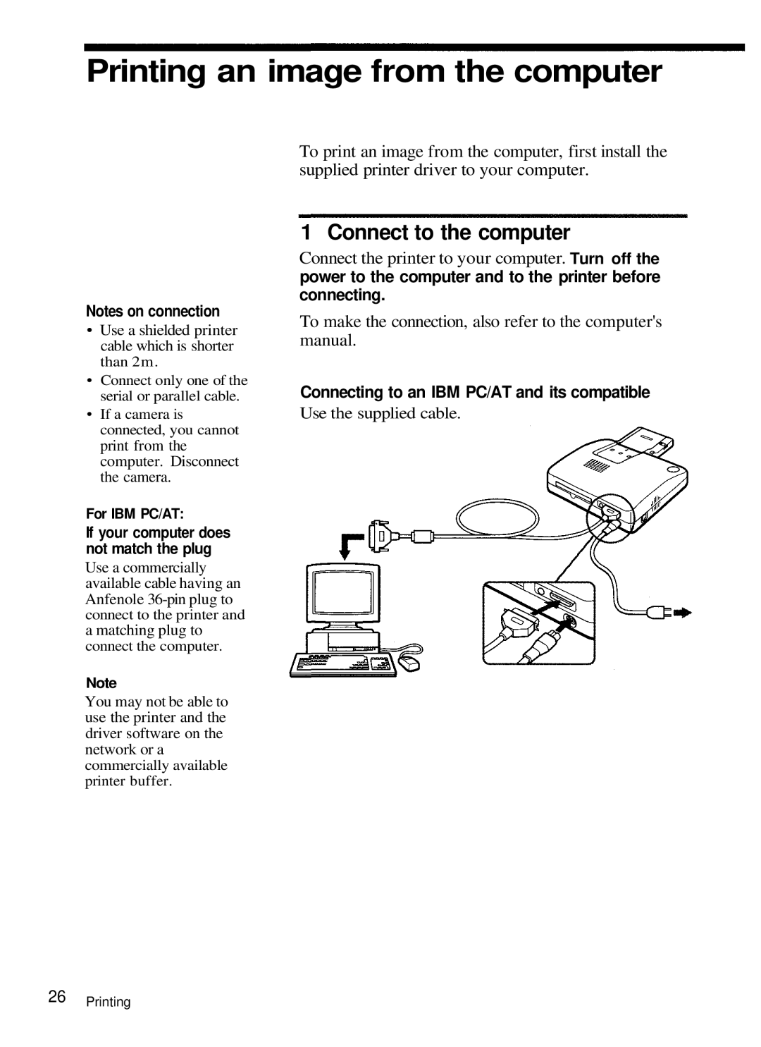 Olympus P-330 Power to the computer and to the printer before connecting, Connecting to an IBM PC/AT and its compatible 