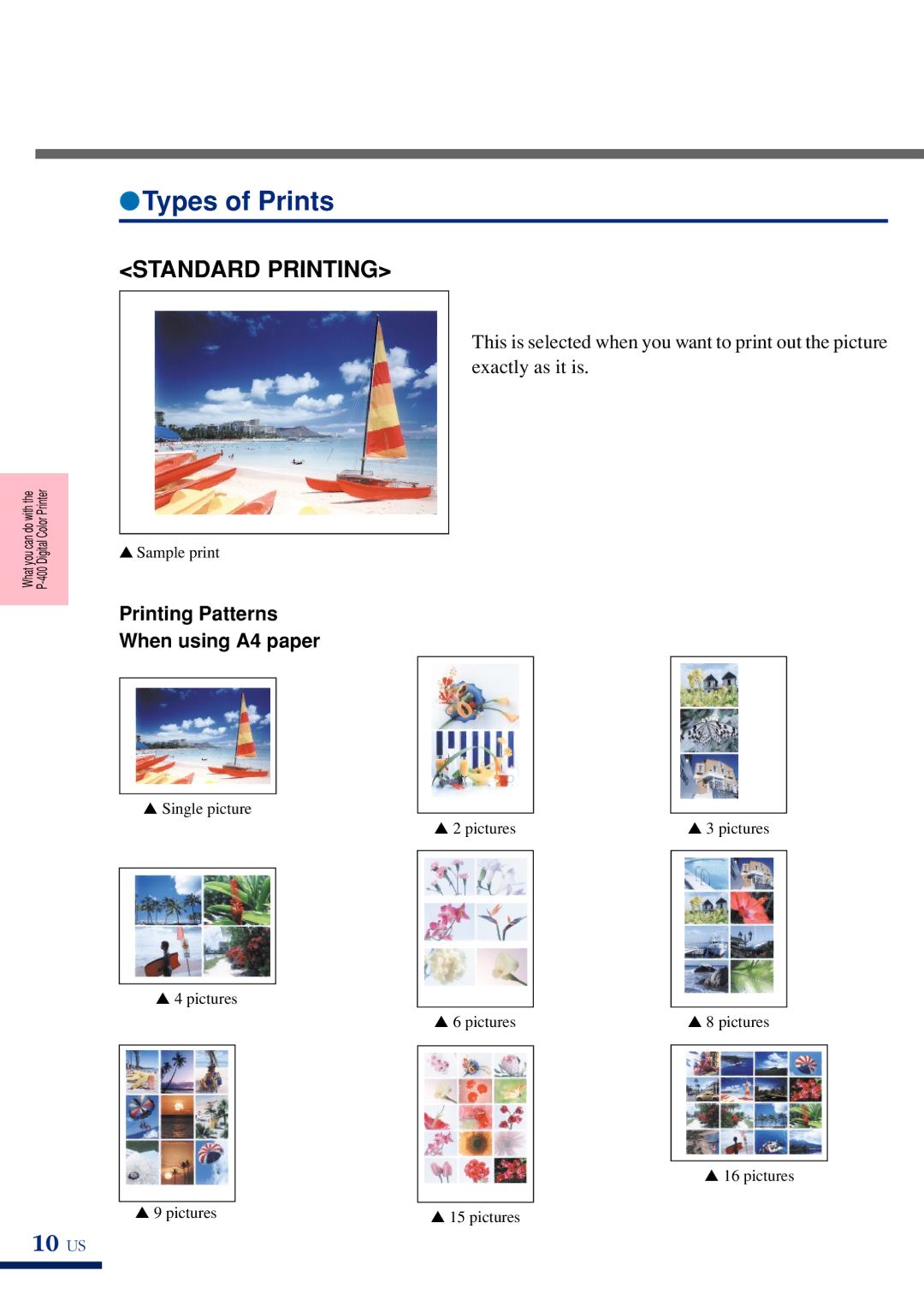 Olympus P-400 manual Types of Prints, 10 US, Printing Patterns When using A4 paper 