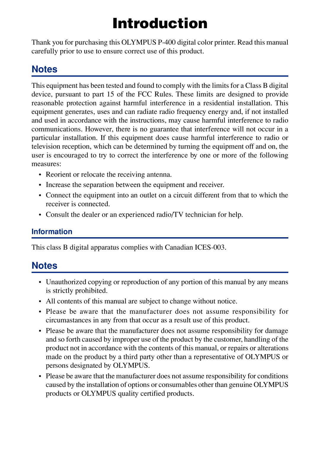 Olympus P-400 manual Introduction, Information 