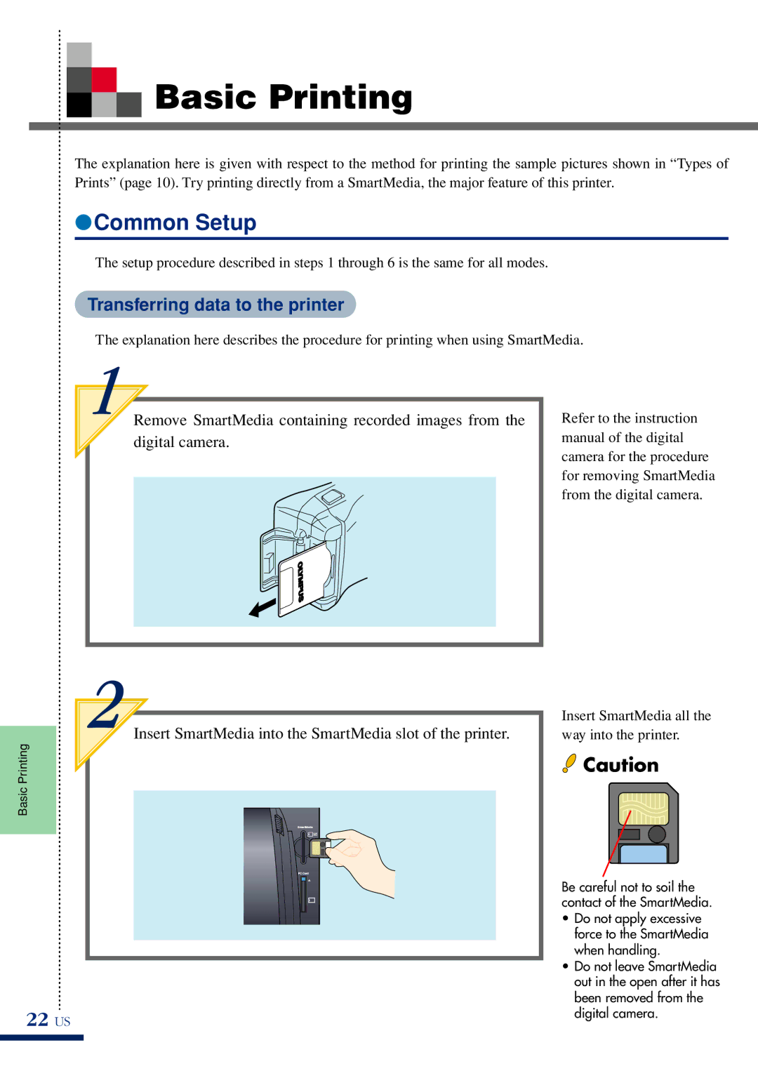 Olympus P-400 manual Basic Printing, Common Setup, 22 US, Transferring data to the printer 