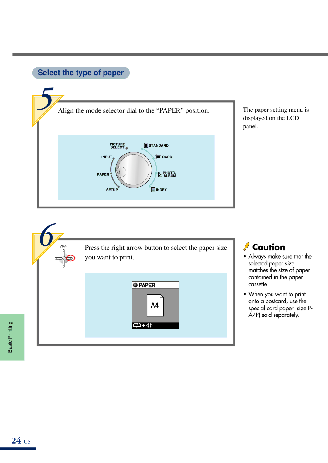 Olympus P-400 manual 24 US, Select the type of paper 