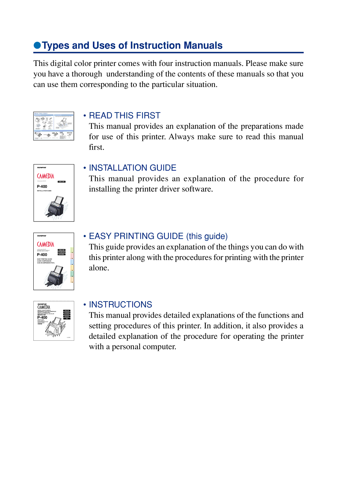 Olympus P-400 manual Read this First 