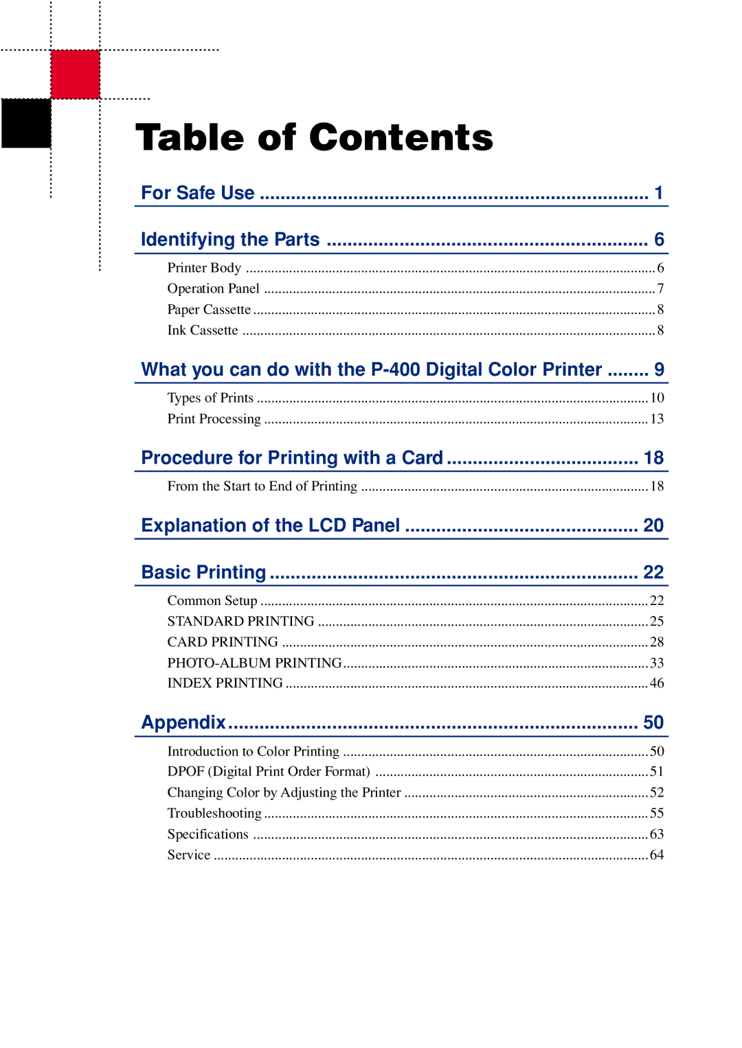 Olympus P-400 manual Table of Contents 