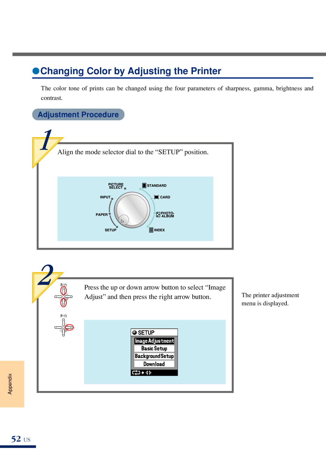 Olympus P-400 manual Changing Color by Adjusting the Printer, 52 US, Adjustment Procedure 