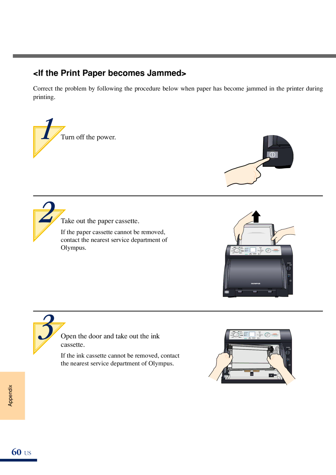 Olympus P-400 manual 60 US, If the Print Paper becomes Jammed 