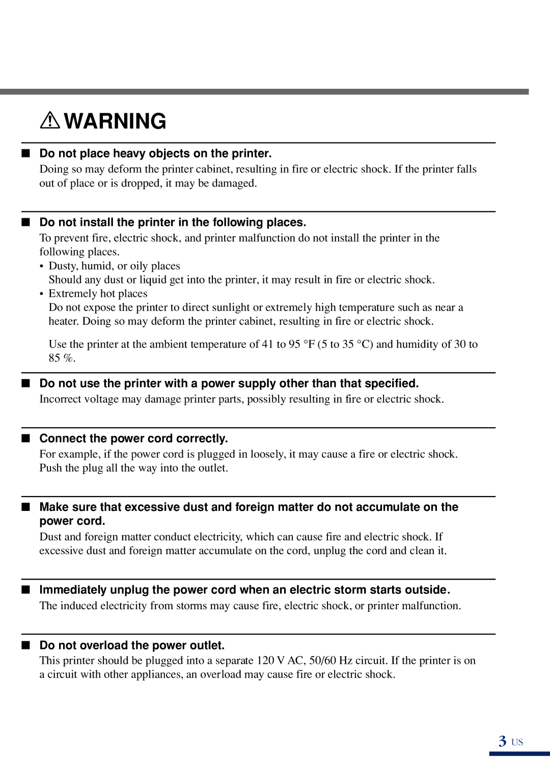 Olympus P-400 manual Do not place heavy objects on the printer, Do not install the printer in the following places 